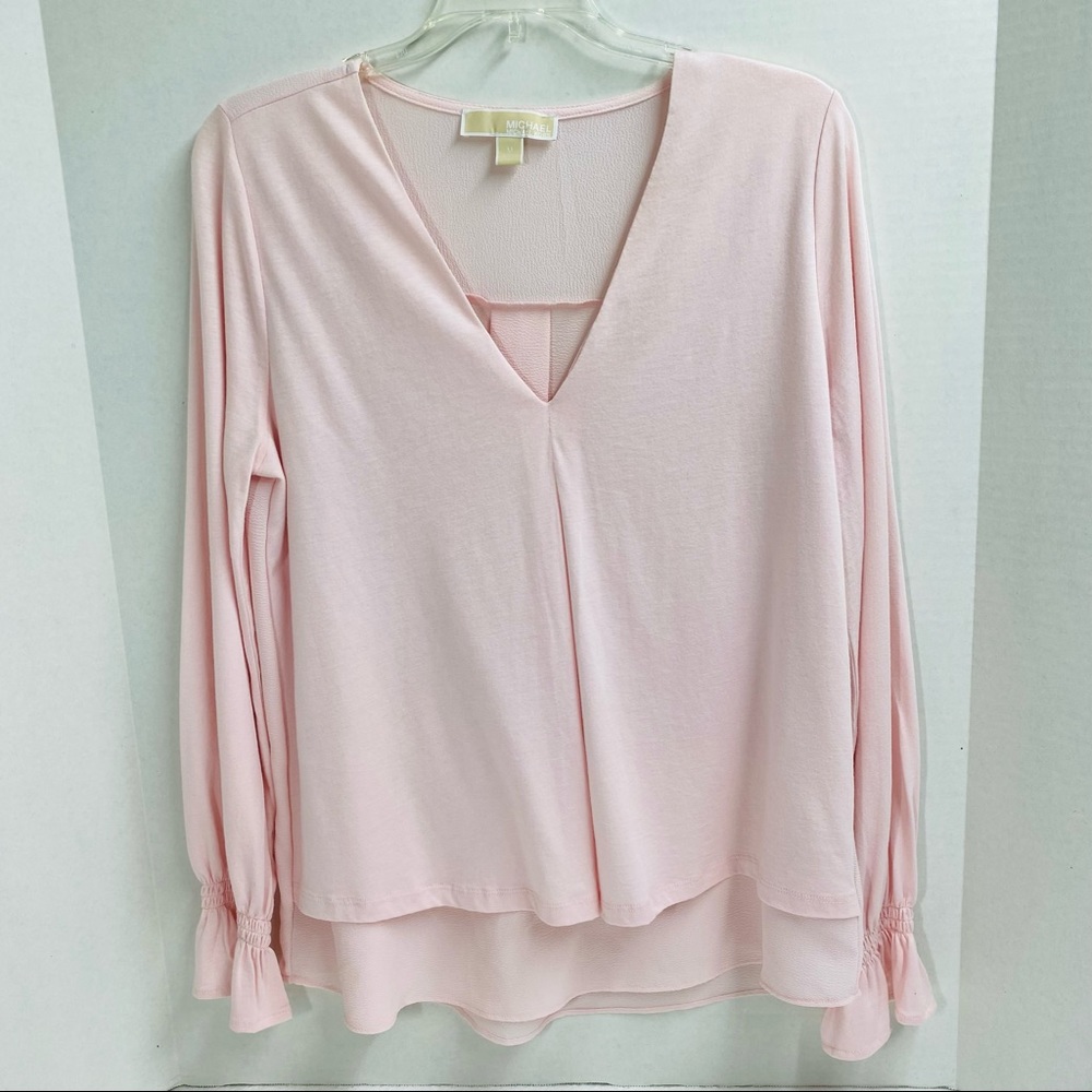 Michael Michael Kors Pink long sleeve pullover v neck smocked cuffs medium flowy